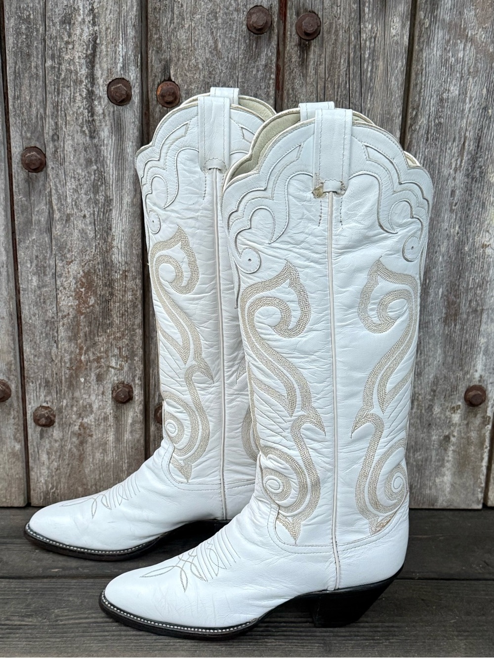 Vintage Larry Mahan Tall  White Women’s Cowboy Boots with Ornamental Trim